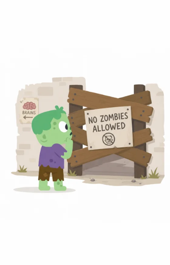 Zombi ante una valla que prohíbe el paso a los zombis
